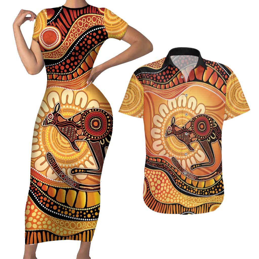 Indigenous Kangaroo Australia Couples Matching Short Sleeve Bodycon Dress and Hawaiian Shirt Australian Aboriginal Art Proud