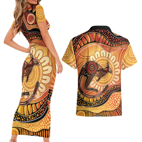 Indigenous Kangaroo Australia Couples Matching Short Sleeve Bodycon Dress and Hawaiian Shirt Australian Aboriginal Art Proud