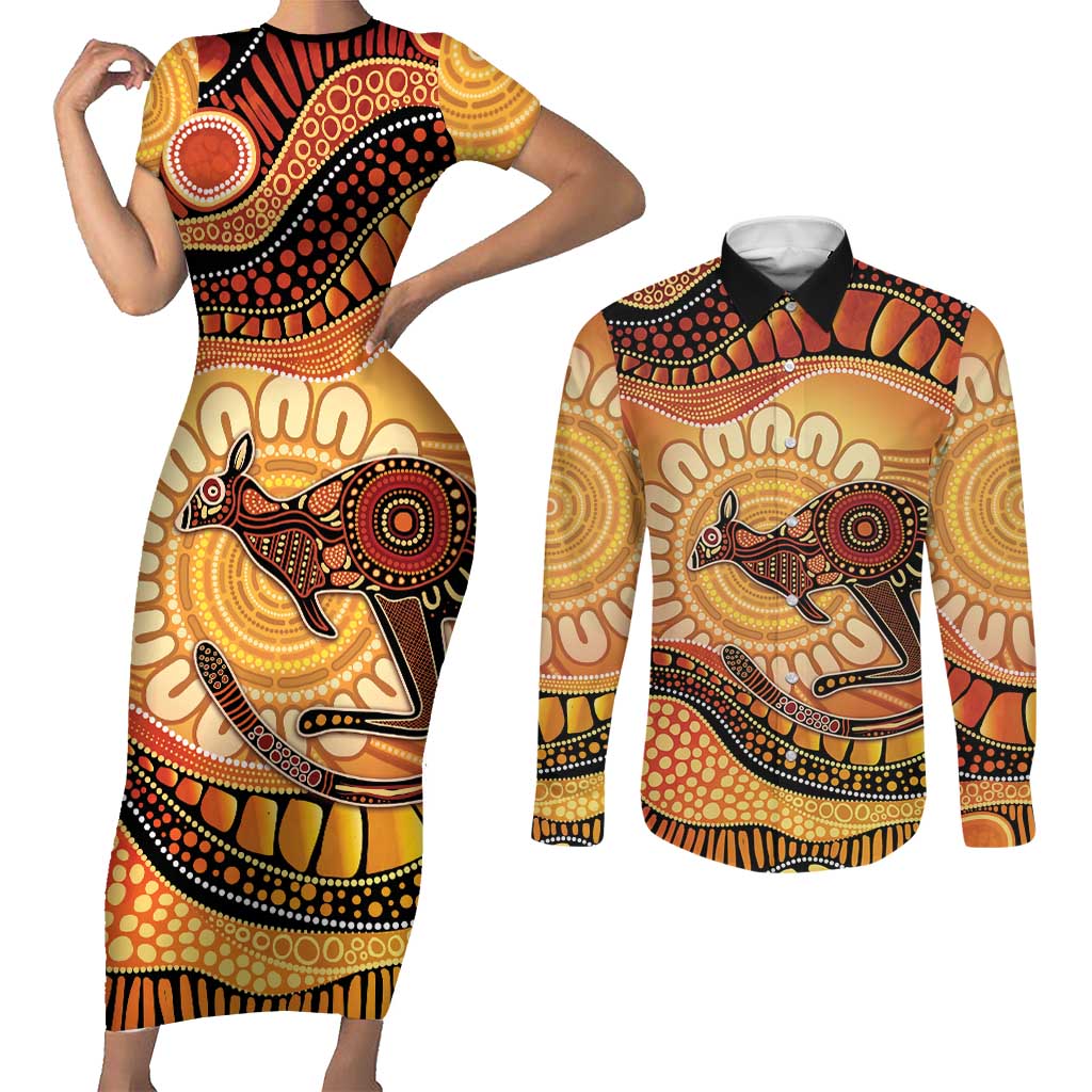 Indigenous Kangaroo Australia Couples Matching Short Sleeve Bodycon Dress and Long Sleeve Button Shirt Australian Aboriginal Art Proud
