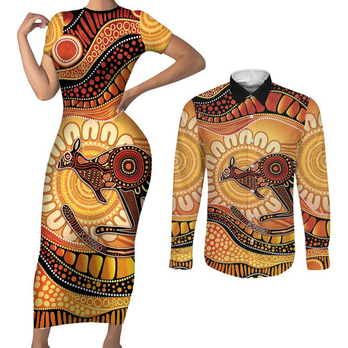 Indigenous Kangaroo Australia Couples Matching Short Sleeve Bodycon Dress and Long Sleeve Button Shirt Australian Aboriginal Art Proud