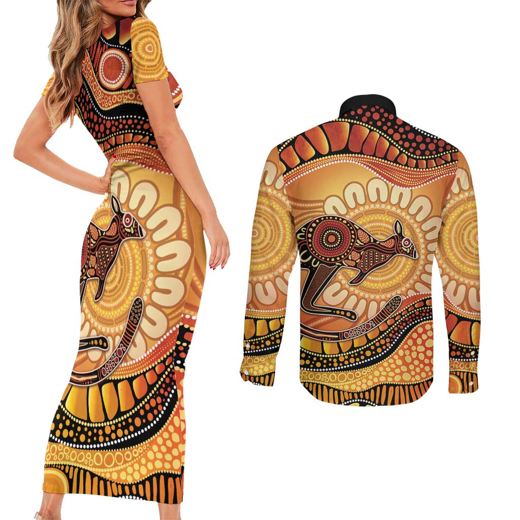 Indigenous Kangaroo Australia Couples Matching Short Sleeve Bodycon Dress and Long Sleeve Button Shirt Australian Aboriginal Art Proud