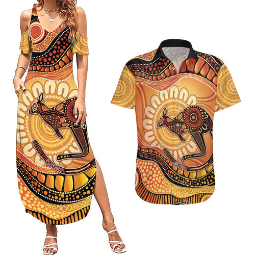 Indigenous Kangaroo Australia Couples Matching Summer Maxi Dress and Hawaiian Shirt Australian Aboriginal Art Proud