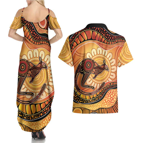 Indigenous Kangaroo Australia Couples Matching Summer Maxi Dress and Hawaiian Shirt Australian Aboriginal Art Proud