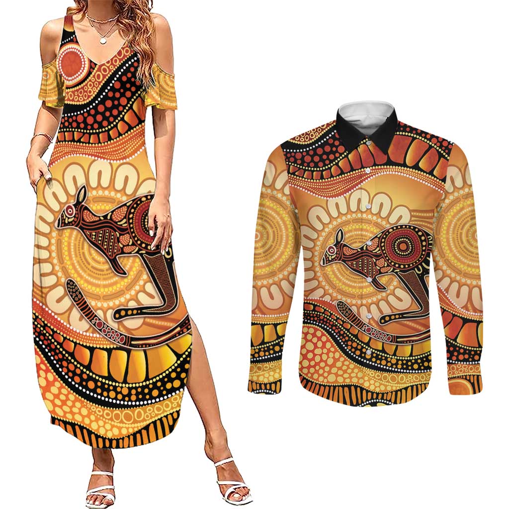 Indigenous Kangaroo Australia Couples Matching Summer Maxi Dress and Long Sleeve Button Shirt Australian Aboriginal Art Proud