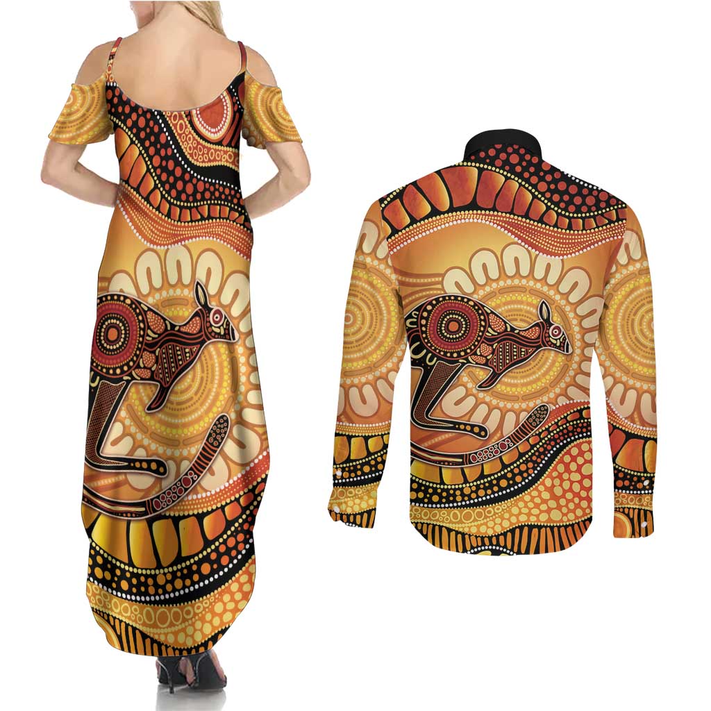 Indigenous Kangaroo Australia Couples Matching Summer Maxi Dress and Long Sleeve Button Shirt Australian Aboriginal Art Proud