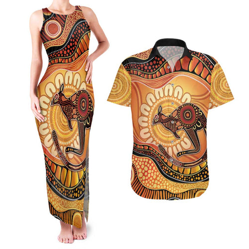 Indigenous Kangaroo Australia Couples Matching Tank Maxi Dress and Hawaiian Shirt Australian Aboriginal Art Proud