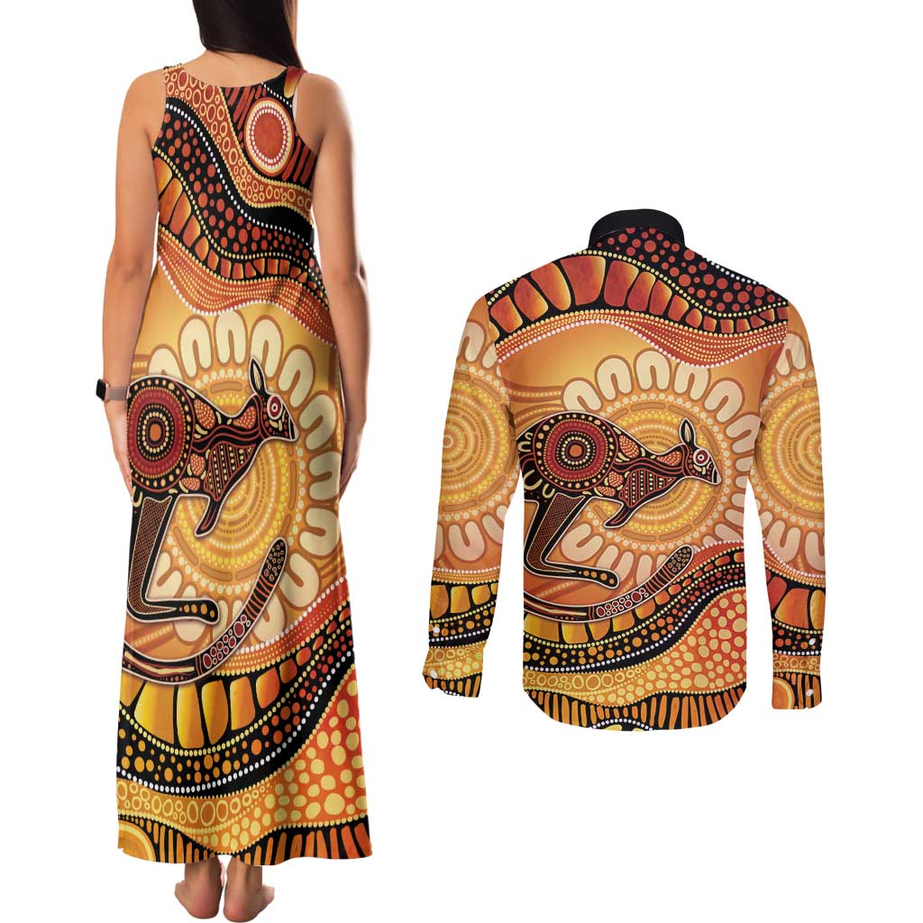 Indigenous Kangaroo Australia Couples Matching Tank Maxi Dress and Long Sleeve Button Shirt Australian Aboriginal Art Proud