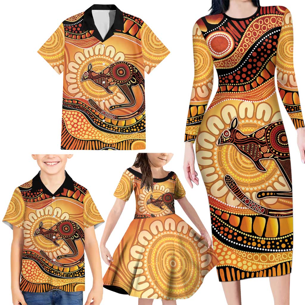 Indigenous Kangaroo Australia Family Matching Long Sleeve Bodycon Dress and Hawaiian Shirt Australian Aboriginal Art Proud