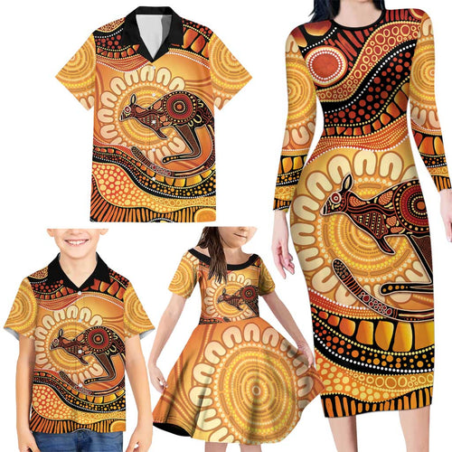 Indigenous Kangaroo Australia Family Matching Long Sleeve Bodycon Dress and Hawaiian Shirt Australian Aboriginal Art Proud