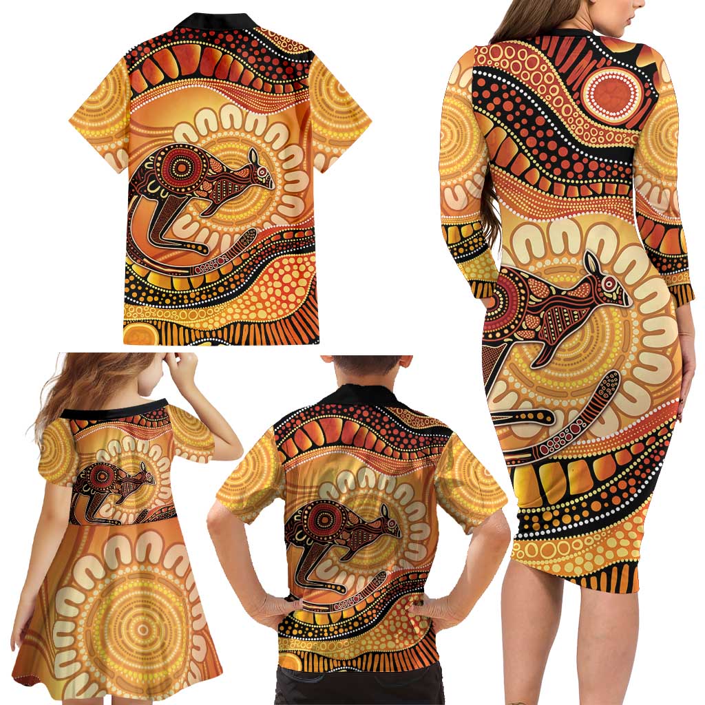 Indigenous Kangaroo Australia Family Matching Long Sleeve Bodycon Dress and Hawaiian Shirt Australian Aboriginal Art Proud