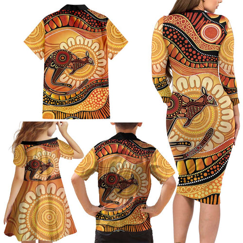 Indigenous Kangaroo Australia Family Matching Long Sleeve Bodycon Dress and Hawaiian Shirt Australian Aboriginal Art Proud