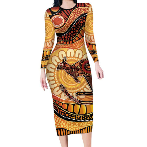 Indigenous Kangaroo Australia Family Matching Long Sleeve Bodycon Dress and Hawaiian Shirt Australian Aboriginal Art Proud
