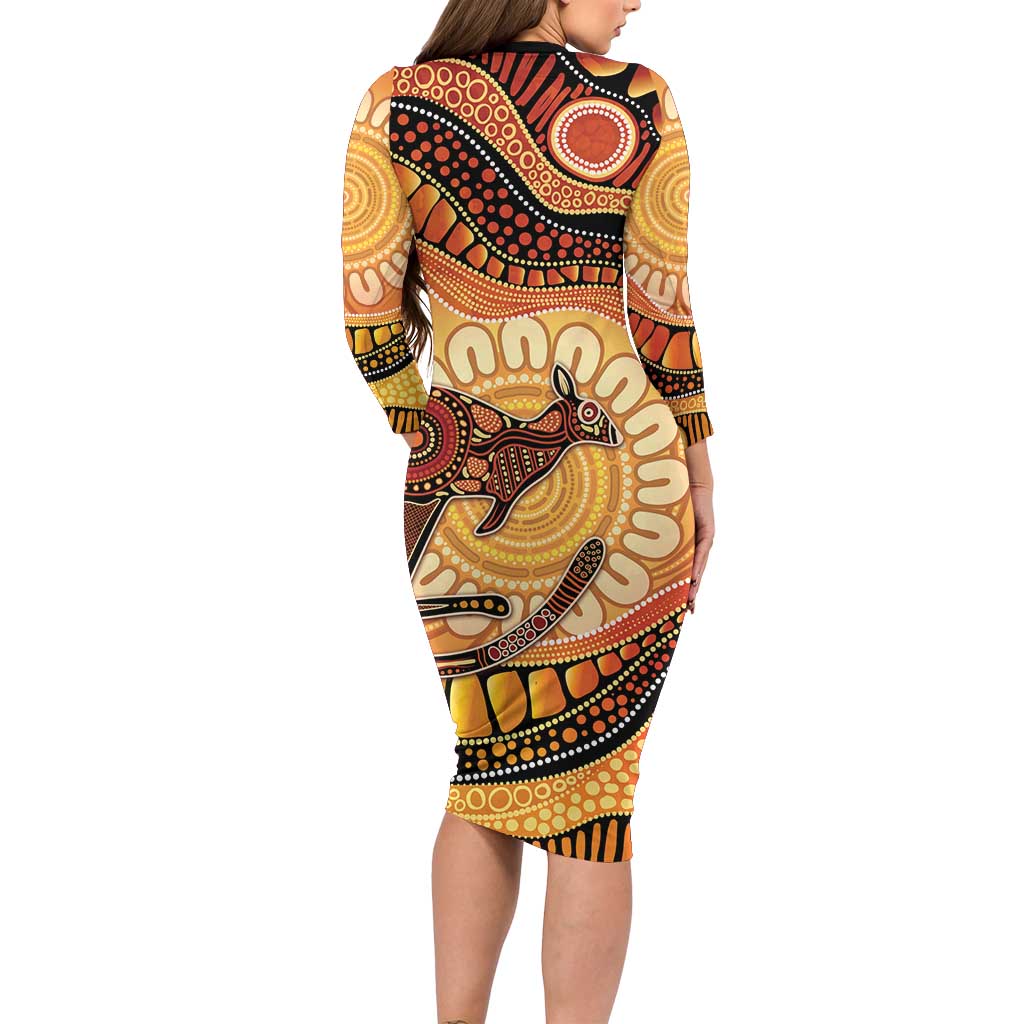 Indigenous Kangaroo Australia Family Matching Long Sleeve Bodycon Dress and Hawaiian Shirt Australian Aboriginal Art Proud