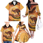 Indigenous Kangaroo Australia Family Matching Off The Shoulder Long Sleeve Dress and Hawaiian Shirt Australian Aboriginal Art Proud