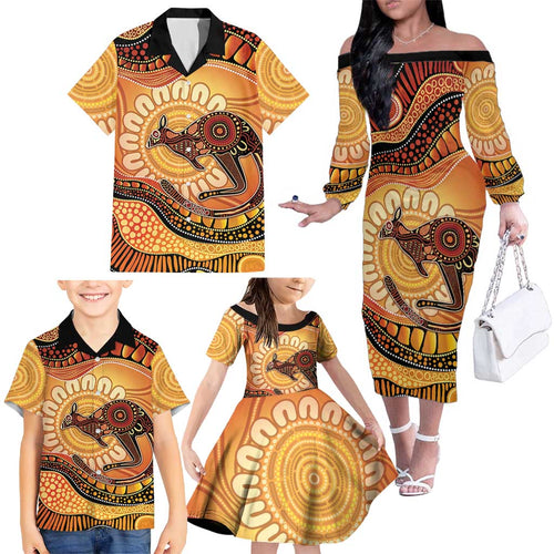 Indigenous Kangaroo Australia Family Matching Off The Shoulder Long Sleeve Dress and Hawaiian Shirt Australian Aboriginal Art Proud