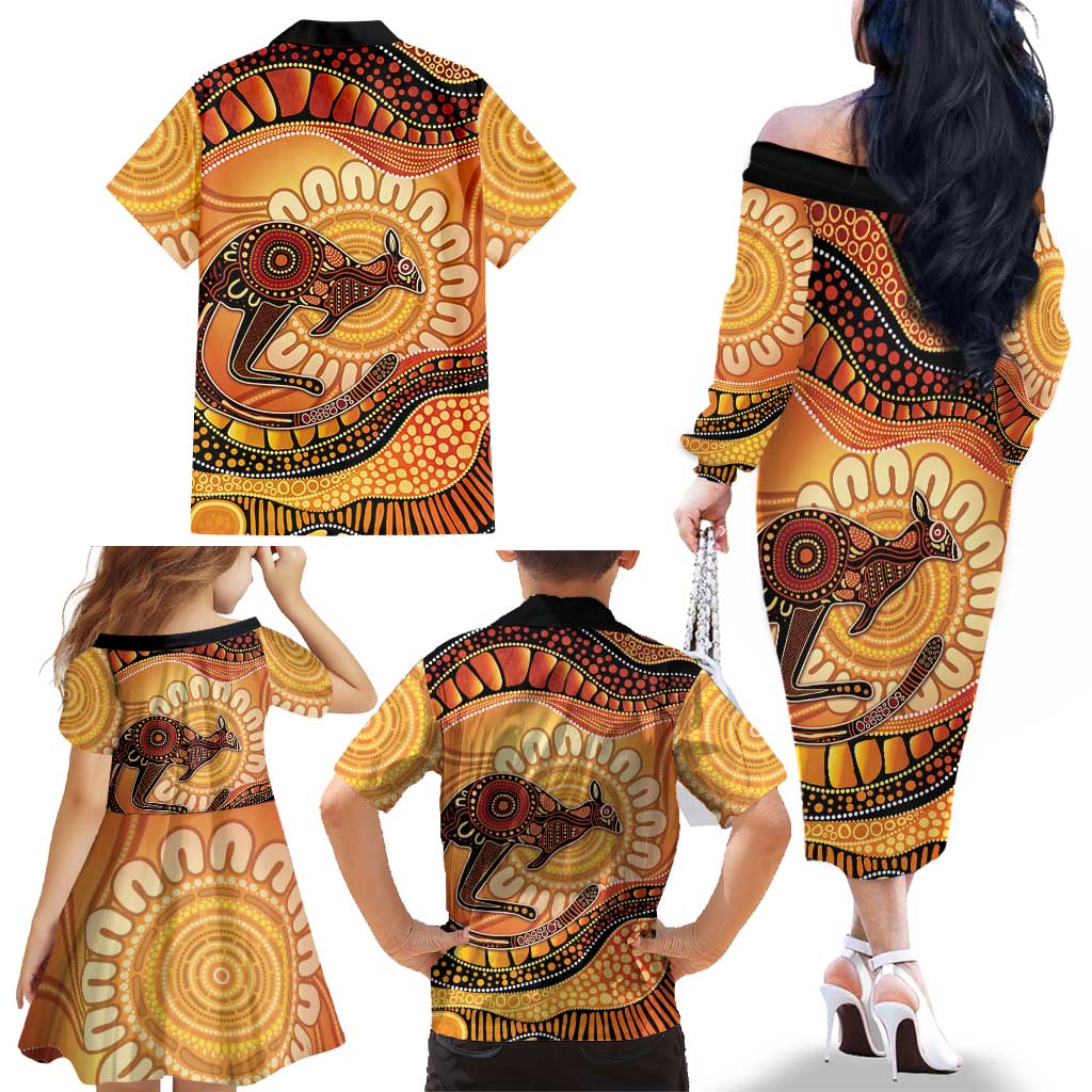 Indigenous Kangaroo Australia Family Matching Off The Shoulder Long Sleeve Dress and Hawaiian Shirt Australian Aboriginal Art Proud