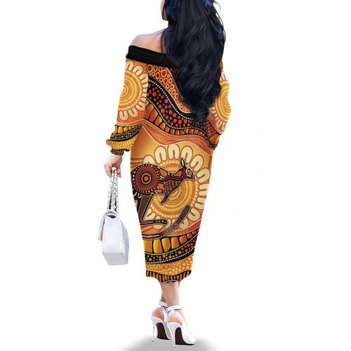 Indigenous Kangaroo Australia Family Matching Off The Shoulder Long Sleeve Dress and Hawaiian Shirt Australian Aboriginal Art Proud