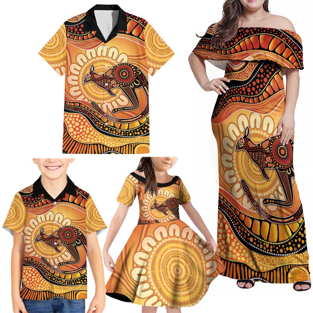 Indigenous Kangaroo Australia Family Matching Off Shoulder Maxi Dress and Hawaiian Shirt Australian Aboriginal Art Proud