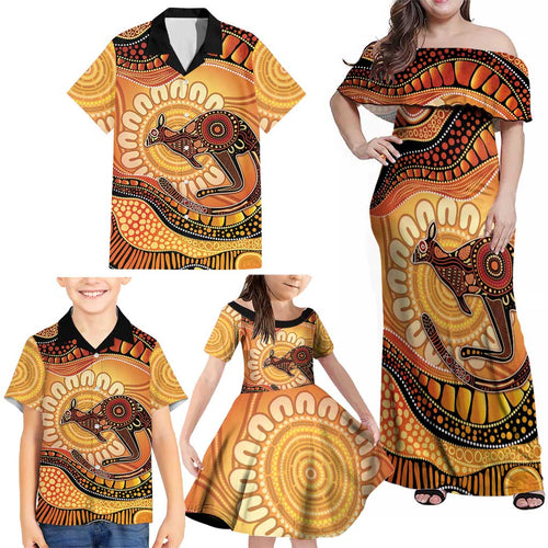 Indigenous Kangaroo Australia Family Matching Off Shoulder Maxi Dress and Hawaiian Shirt Australian Aboriginal Art Proud