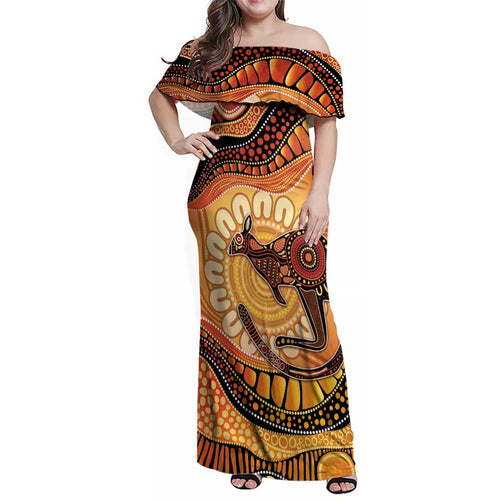 Indigenous Kangaroo Australia Family Matching Off Shoulder Maxi Dress and Hawaiian Shirt Australian Aboriginal Art Proud