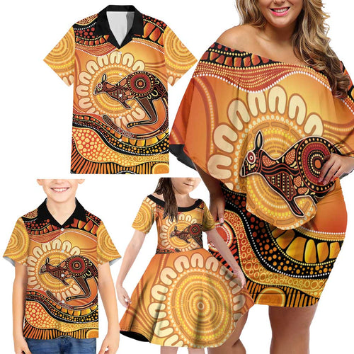 Indigenous Kangaroo Australia Family Matching Off Shoulder Short Dress and Hawaiian Shirt Australian Aboriginal Art Proud