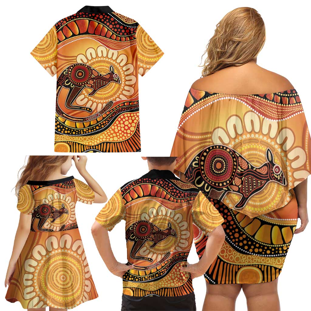 Indigenous Kangaroo Australia Family Matching Off Shoulder Short Dress and Hawaiian Shirt Australian Aboriginal Art Proud