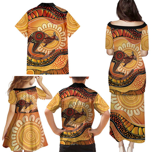Indigenous Kangaroo Australia Family Matching Puletasi and Hawaiian Shirt Australian Aboriginal Art Proud