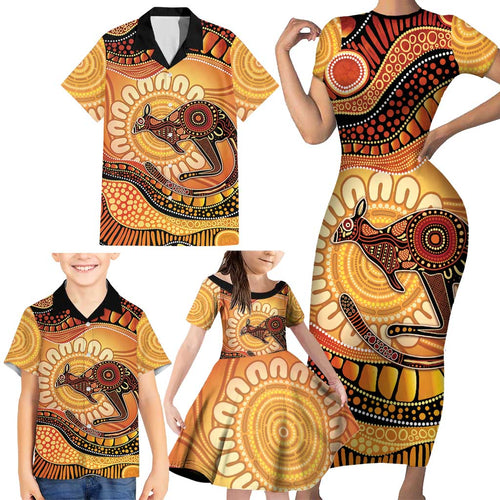Indigenous Kangaroo Australia Family Matching Short Sleeve Bodycon Dress and Hawaiian Shirt Australian Aboriginal Art Proud
