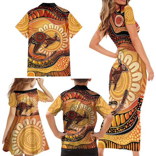 Indigenous Kangaroo Australia Family Matching Short Sleeve Bodycon Dress and Hawaiian Shirt Australian Aboriginal Art Proud