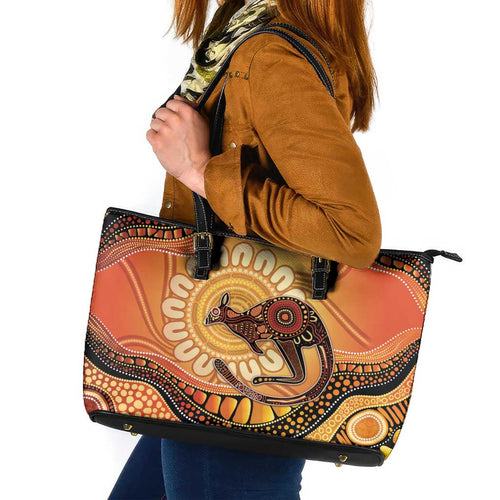Indigenous Kangaroo Australia Leather Tote Bag Australian Aboriginal Art Proud