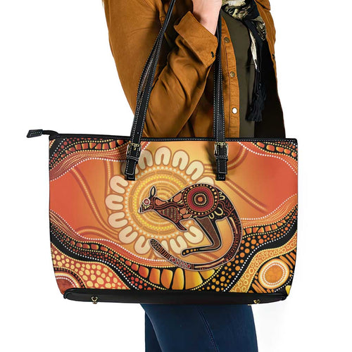 Indigenous Kangaroo Australia Leather Tote Bag Australian Aboriginal Art Proud