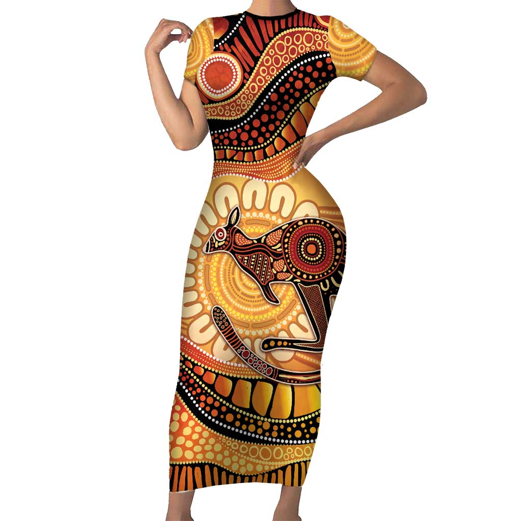 Indigenous Kangaroo Australia Short Sleeve Bodycon Dress Australian Aboriginal Art Proud
