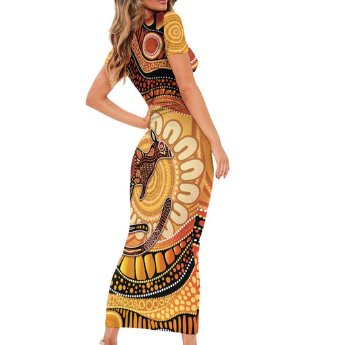Indigenous Kangaroo Australia Short Sleeve Bodycon Dress Australian Aboriginal Art Proud