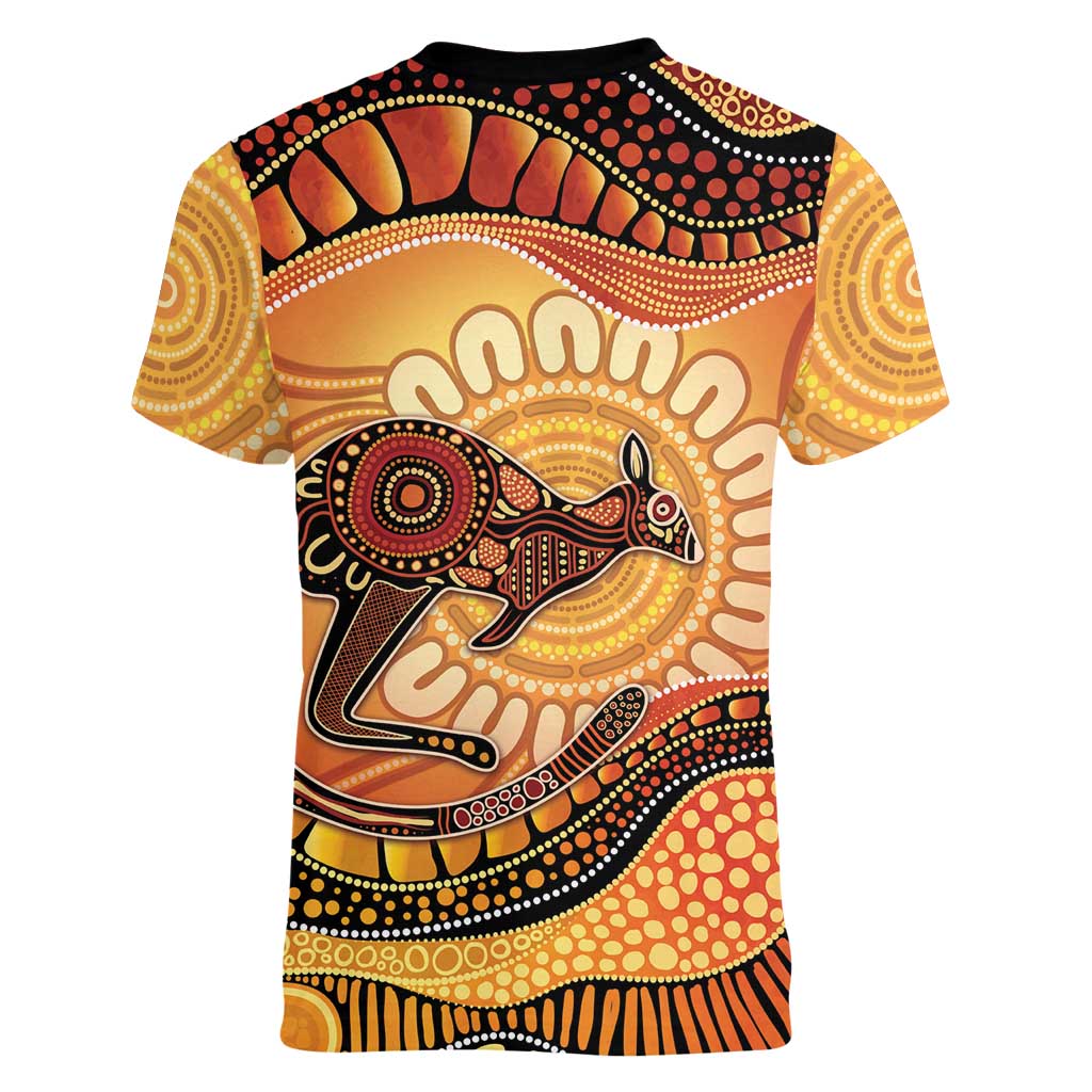 Indigenous Kangaroo Australia Women V-Neck T-Shirt Australian Aboriginal Art Proud