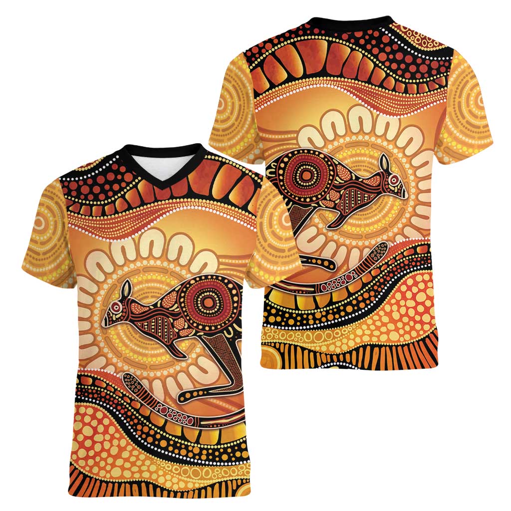 Indigenous Kangaroo Australia Women V-Neck T-Shirt Australian Aboriginal Art Proud