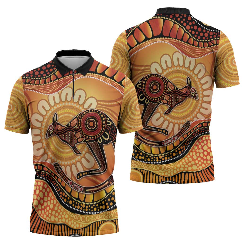 Indigenous Kangaroo Australia Zipper Polo Shirt Australian Aboriginal Art Proud