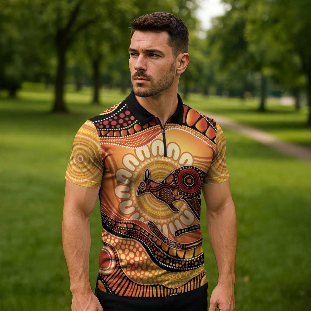 Indigenous Kangaroo Australia Zipper Polo Shirt Australian Aboriginal Art Proud
