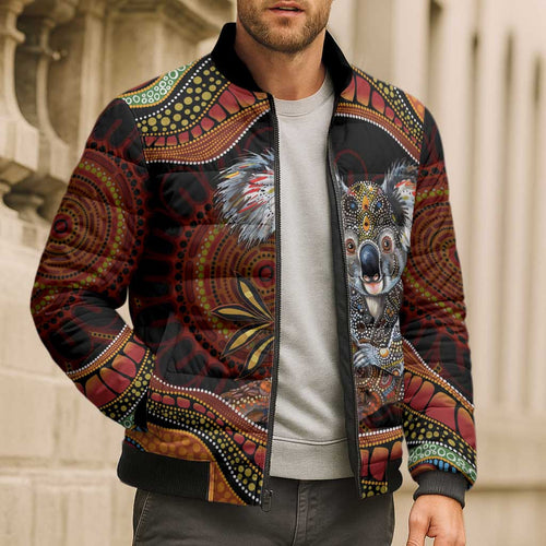 Indigenous Koala Australia Bomber Puffer Jacket Australian Aboriginal Art Proud