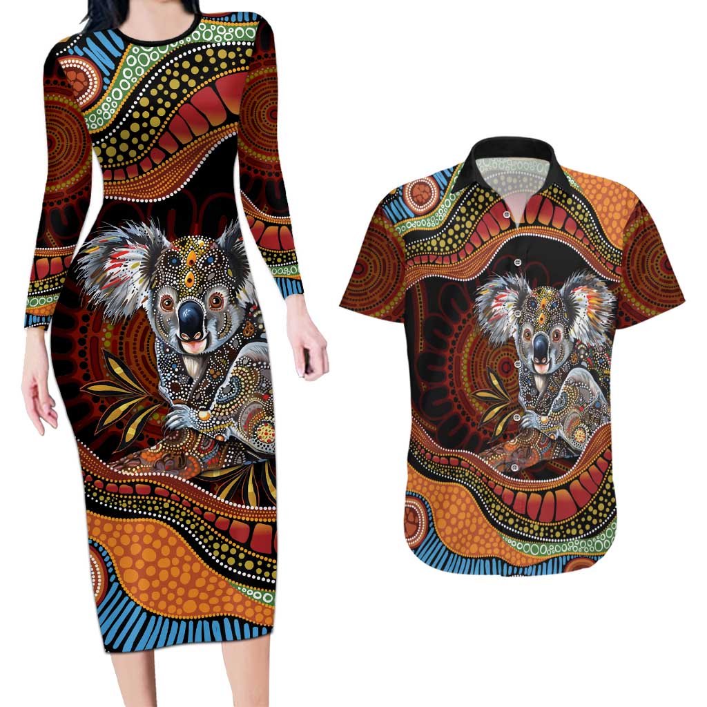 Indigenous Koala Australia Couples Matching Long Sleeve Bodycon Dress and Hawaiian Shirt Australian Aboriginal Art Proud