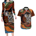 Indigenous Koala Australia Couples Matching Long Sleeve Bodycon Dress and Hawaiian Shirt Australian Aboriginal Art Proud