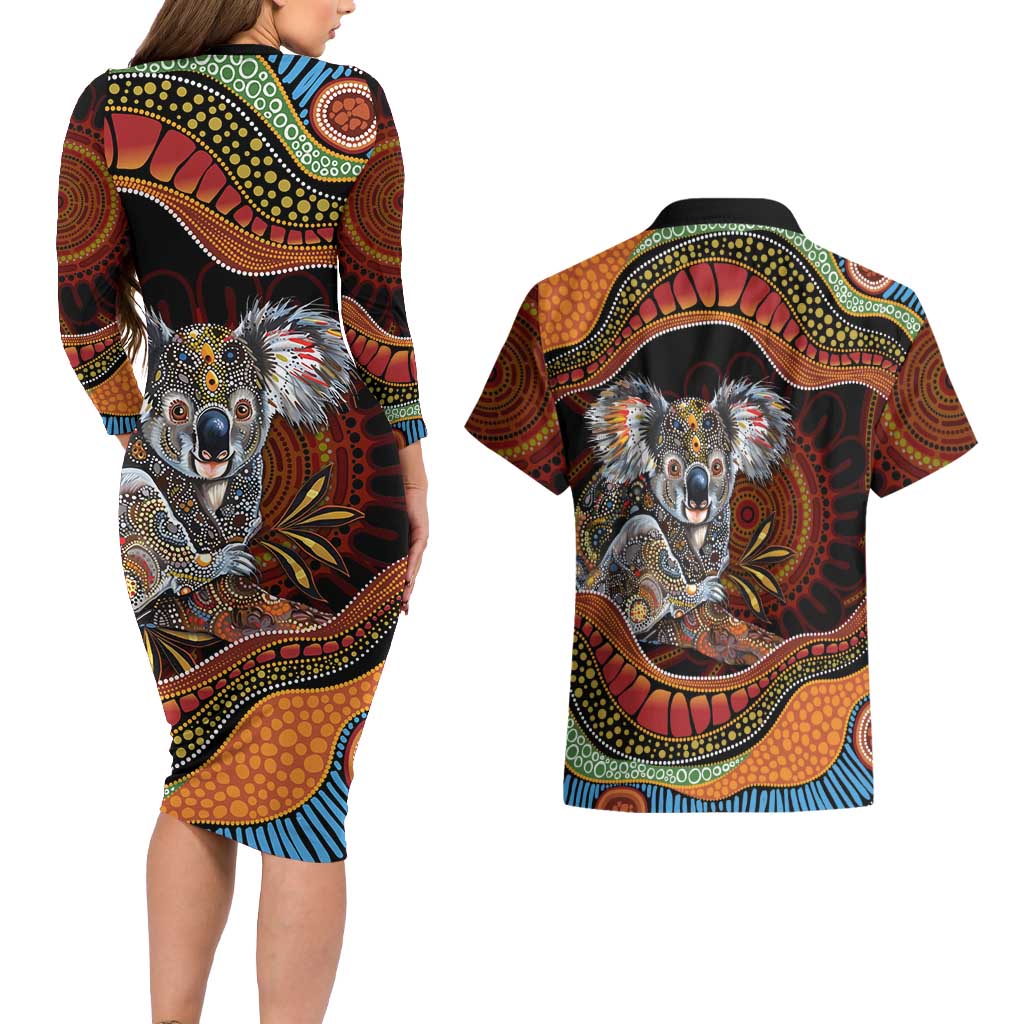 Indigenous Koala Australia Couples Matching Long Sleeve Bodycon Dress and Hawaiian Shirt Australian Aboriginal Art Proud