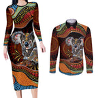 Indigenous Koala Australia Couples Matching Long Sleeve Bodycon Dress and Long Sleeve Button Shirt Australian Aboriginal Art Proud