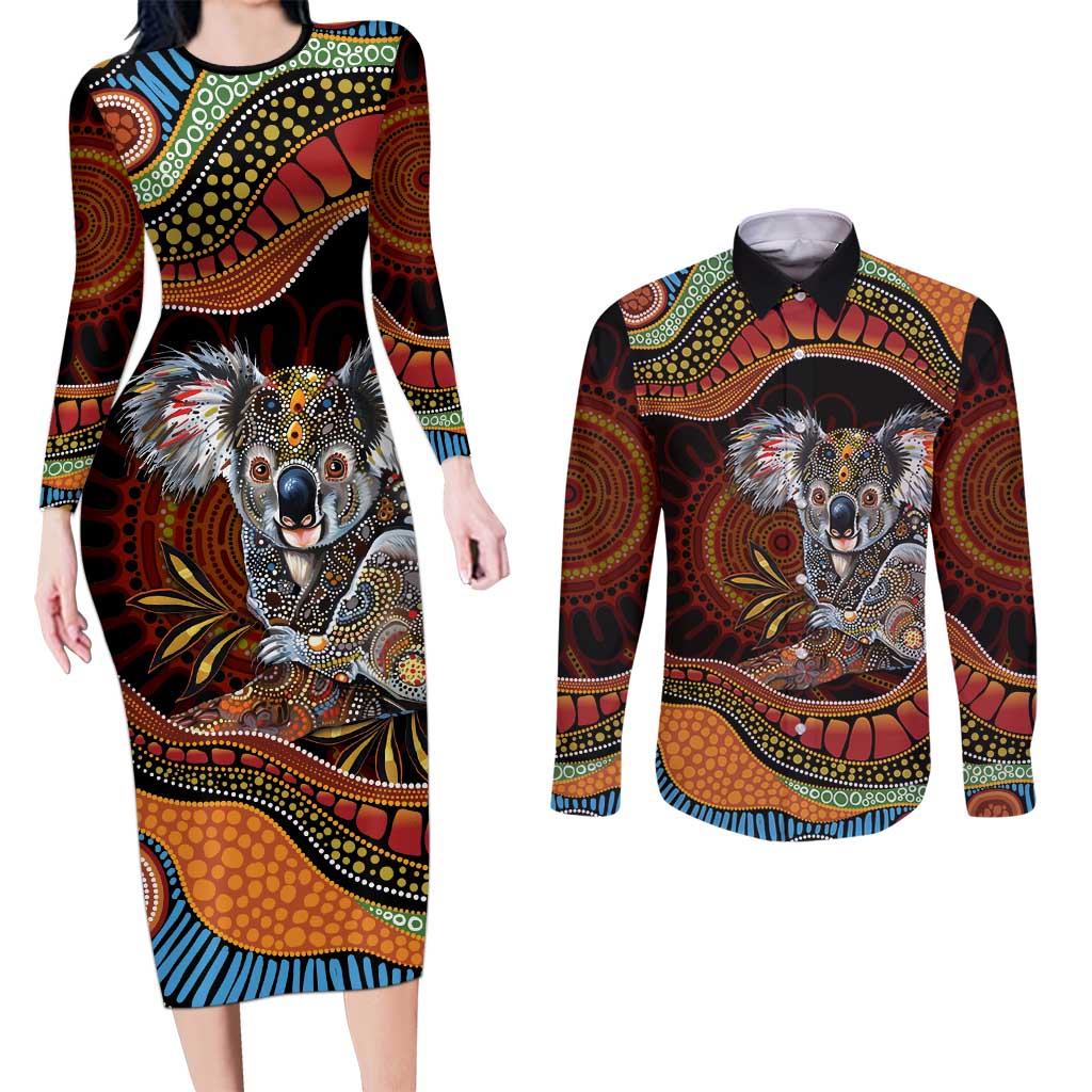 Indigenous Koala Australia Couples Matching Long Sleeve Bodycon Dress and Long Sleeve Button Shirt Australian Aboriginal Art Proud