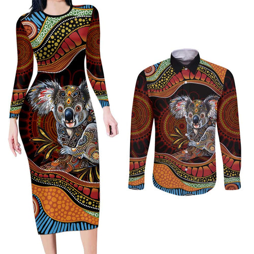 Indigenous Koala Australia Couples Matching Long Sleeve Bodycon Dress and Long Sleeve Button Shirt Australian Aboriginal Art Proud
