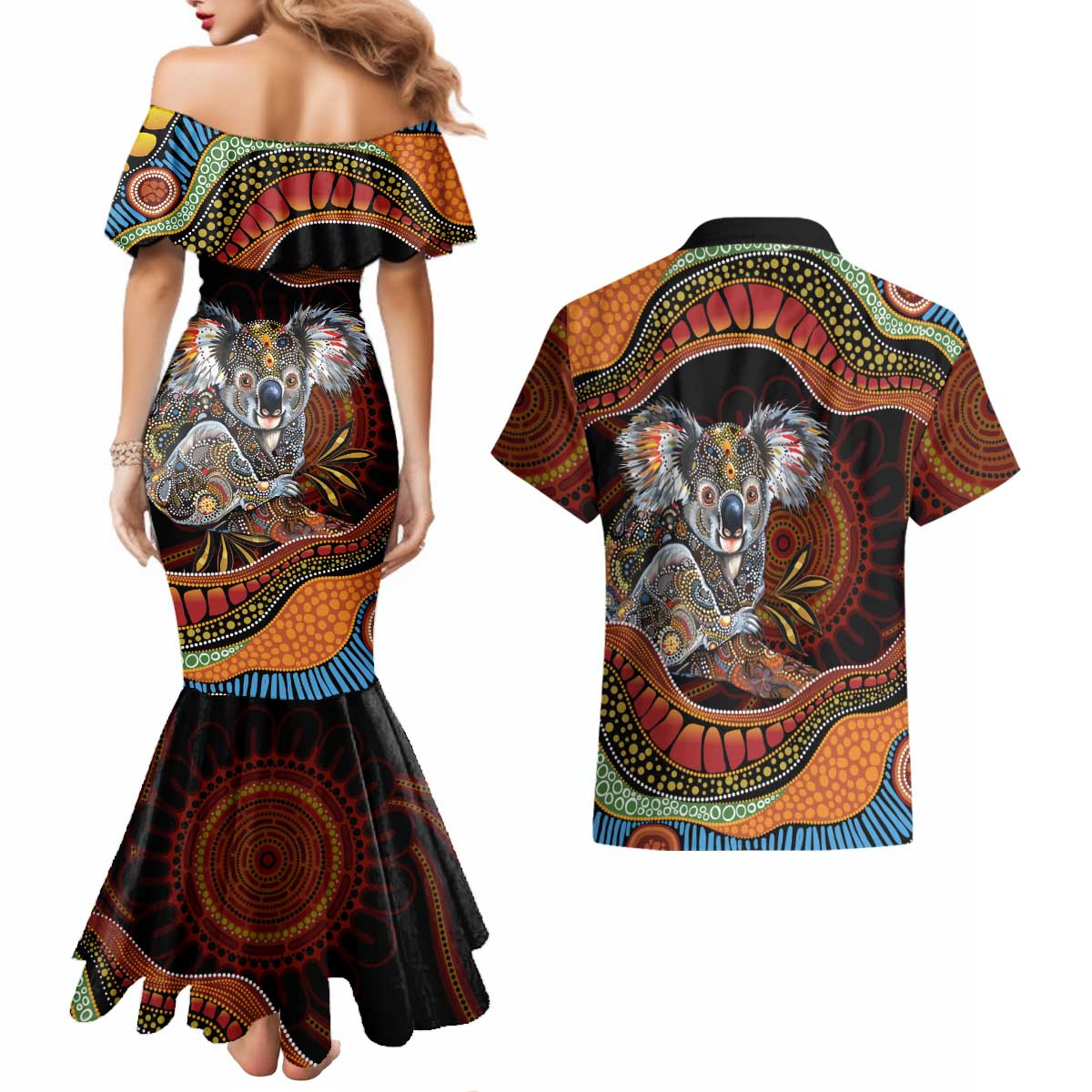 Indigenous Koala Australia Couples Matching Mermaid Dress and Hawaiian Shirt Australian Aboriginal Art Proud