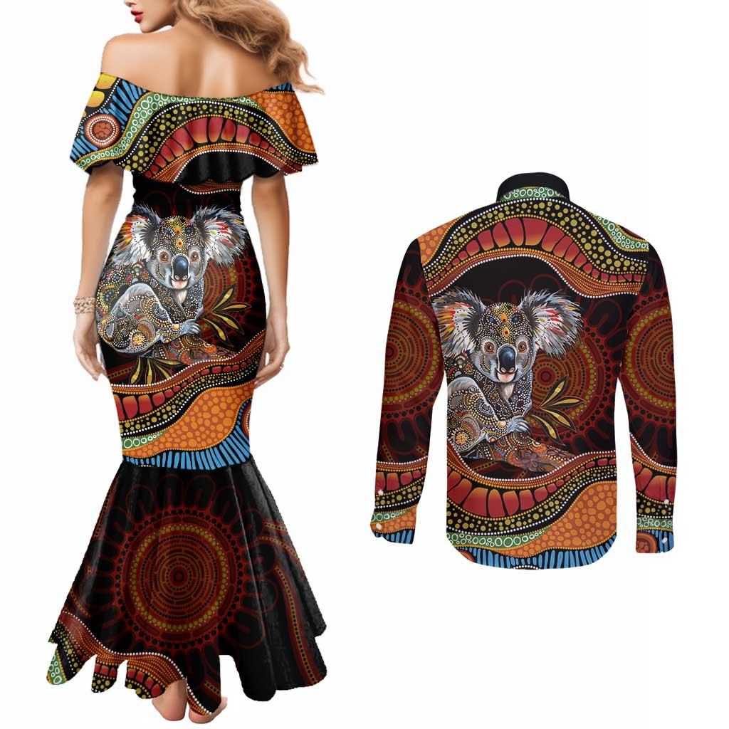 Indigenous Koala Australia Couples Matching Mermaid Dress and Long Sleeve Button Shirt Australian Aboriginal Art Proud