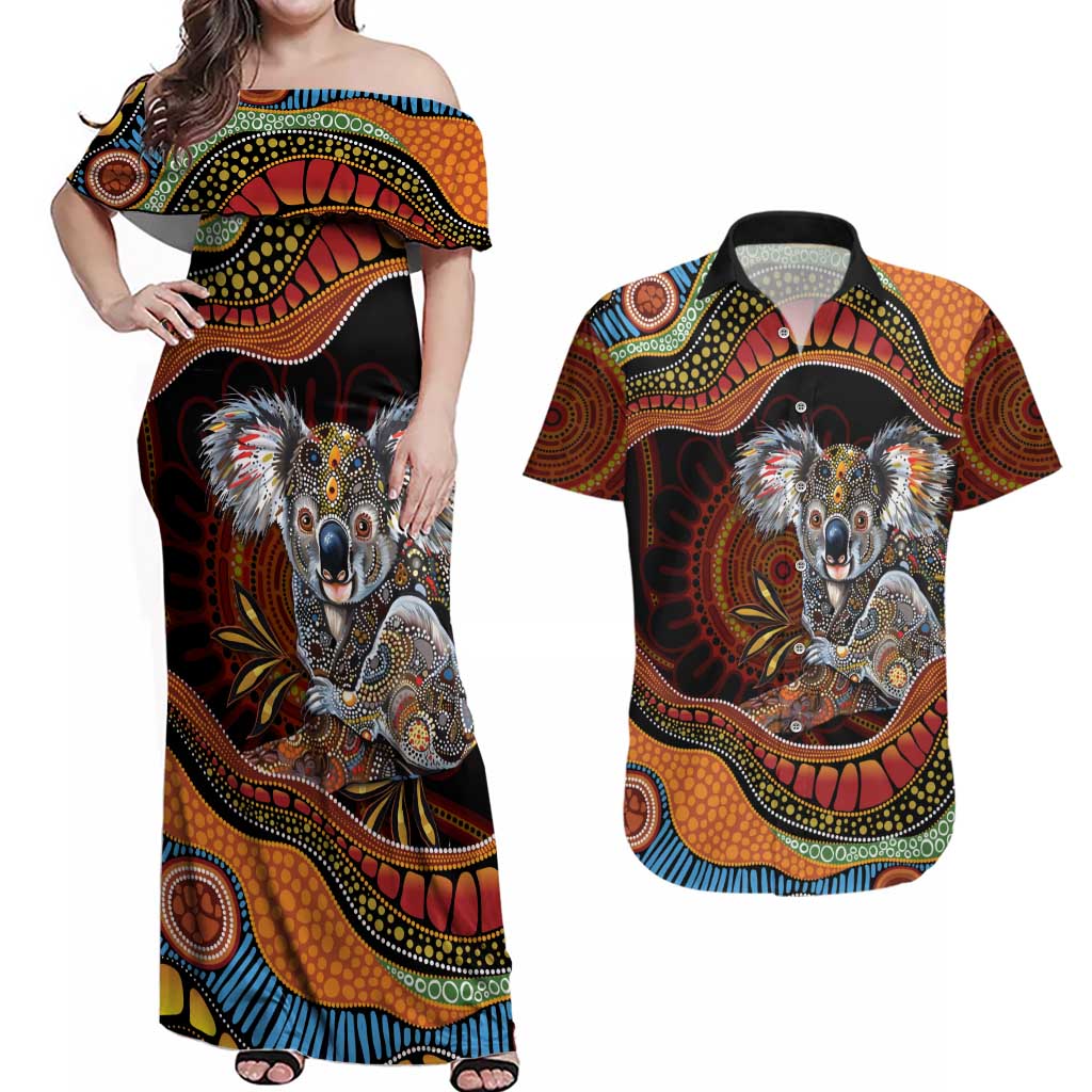 Indigenous Koala Australia Couples Matching Off Shoulder Maxi Dress and Hawaiian Shirt Australian Aboriginal Art Proud