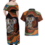Indigenous Koala Australia Couples Matching Off Shoulder Maxi Dress and Hawaiian Shirt Australian Aboriginal Art Proud