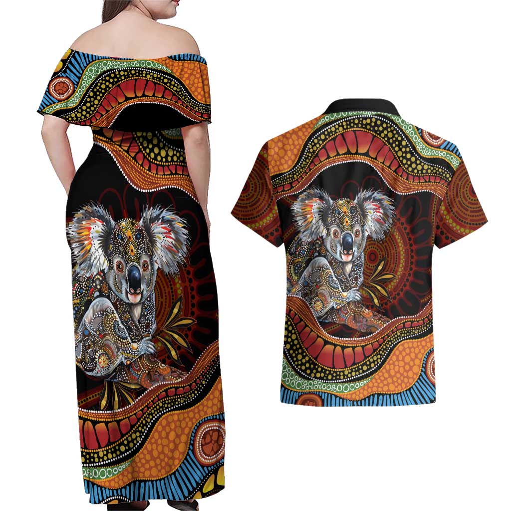 Indigenous Koala Australia Couples Matching Off Shoulder Maxi Dress and Hawaiian Shirt Australian Aboriginal Art Proud