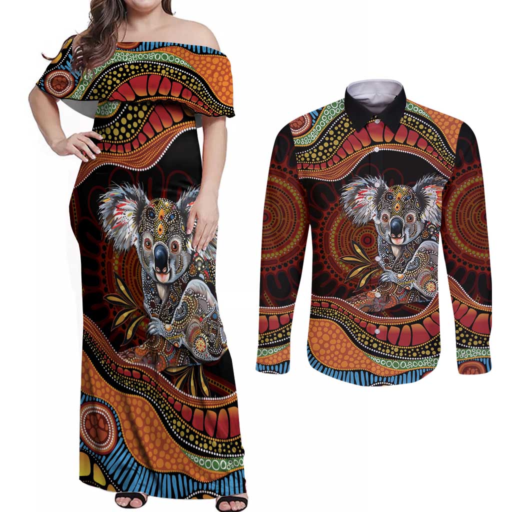 Indigenous Koala Australia Couples Matching Off Shoulder Maxi Dress and Long Sleeve Button Shirt Australian Aboriginal Art Proud